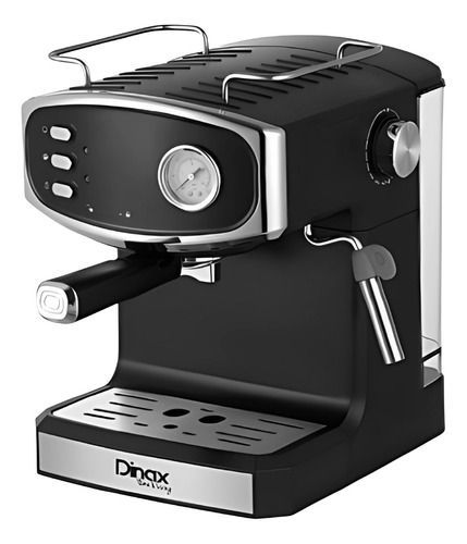Cafetera espresso negra con detalles plateados y plataforma para tazas, mostrada sobre un fondo blanco.