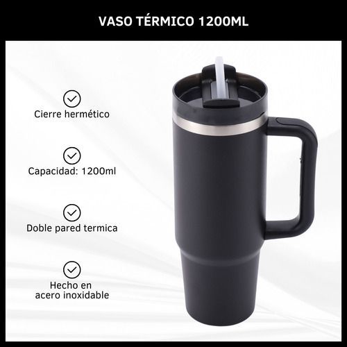 Vaso térmico negro de 1200 ml con asa y tapa, sobre fondo blanco, con texto de características.