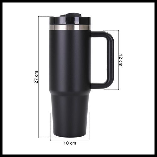 Vaso térmico negro de 1200 ml con asa y tapa, sobre fondo blanco, con texto de características.