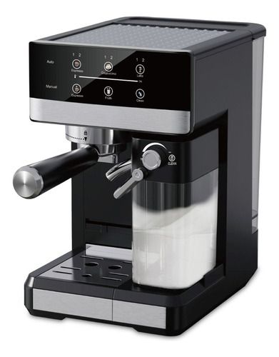 Cafetera espresso negra con detalles plateados y un recipiente transparente para espumar la leche.
