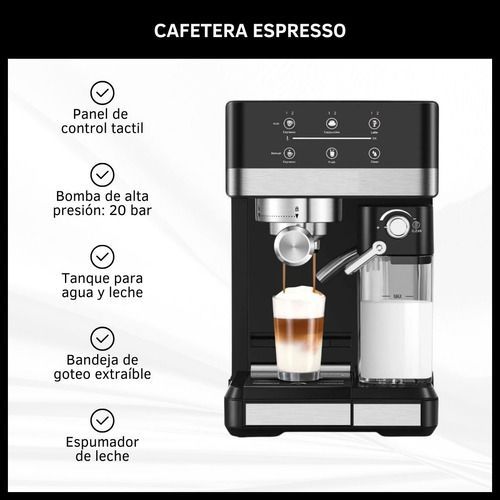 Cafetera espresso negra con detalles plateados y un recipiente transparente para espumar la leche.