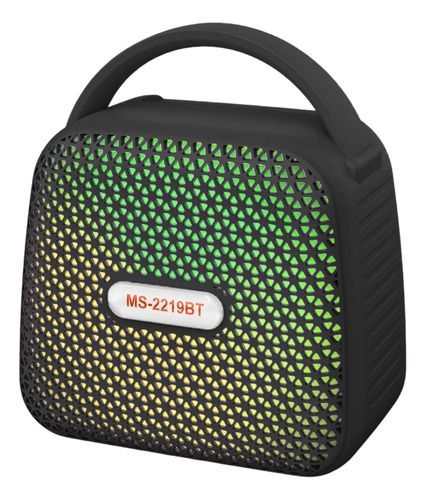 Altavoz portátil negro con asa, frontal de malla verde-amarilla y etiqueta roja “MS-2219BT”.