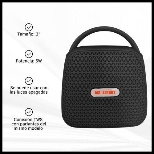 Altavoz portátil negro con asa, frontal de malla verde-amarilla y etiqueta roja “MS-2219BT”.