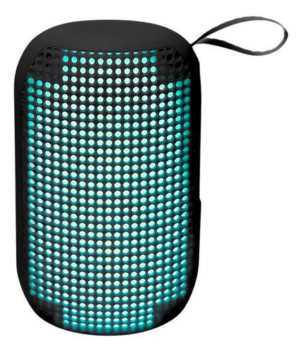Altavoz Bluetooth portátil negro con luces LED turquesas y correa para la muñeca.