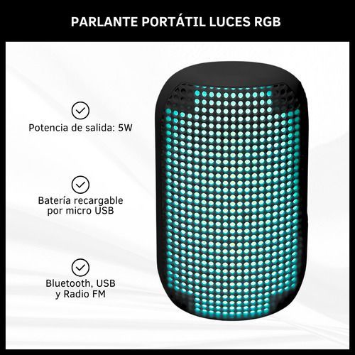 Altavoz Bluetooth portátil negro con luces LED turquesas y correa para la muñeca.