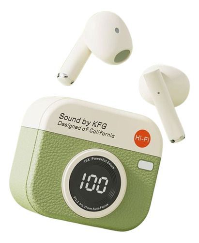 Cargador compacto verde y blanco para auriculares inalámbricos que muestra el 100% de batería.