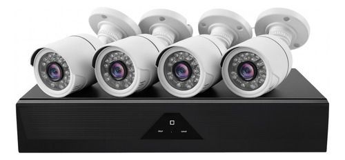 DVR negro con seis cámaras de seguridad blancas dispuestas en la parte superior.
