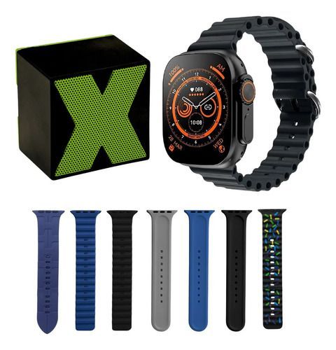 Apple Watch con correa negra junto a una caja; debajo se muestran siete correas intercambiables en azul, negro,