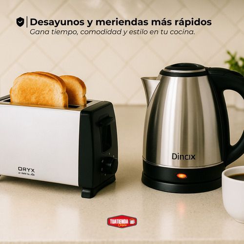 Tostadora negra y plateada junto a un hervidor eléctrico blanco con asa negra.