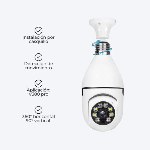 Bombilla blanca con cámara de seguridad WiFi, aplicación para teléfono e iconos de funciones para audio HD y bidireccional.