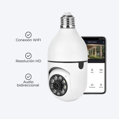 Bombilla blanca con cámara de seguridad WiFi, aplicación para teléfono e iconos de funciones para audio HD y bidireccional.