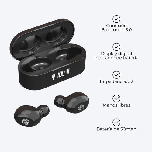 Auriculares inalámbricos negros en un estuche de carga abierto con indicador LED de batería.