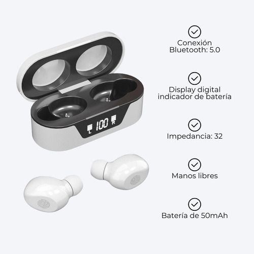 Auriculares inalámbricos abiertos en un estuche de carga blanco y negro con indicador digital de batería.