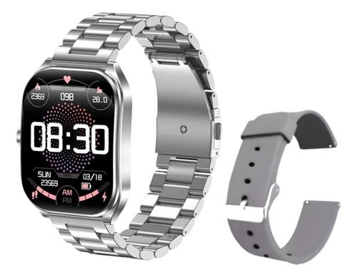 Reloj inteligente plateado con esfera negra y correa de repuesto gris (se muestra por separado)