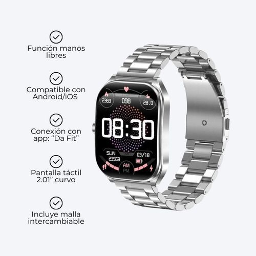 Reloj inteligente plateado con esfera negra y correa de repuesto gris (se muestra por separado)