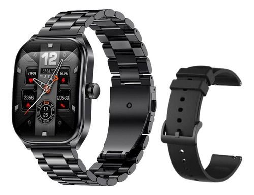 Reloj inteligente de metal negro con una correa brillante y una correa negra adicional sobre un fondo blanco.