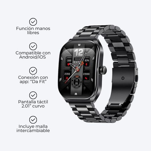 Reloj inteligente de metal negro con una correa brillante y una correa negra adicional sobre un fondo blanco.
