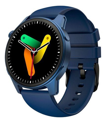 Reloj inteligente azul con esfera redonda negra y manecillas coloridas sobre una correa azul.