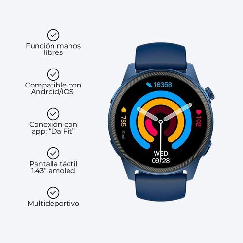 Reloj inteligente azul con esfera redonda negra y manecillas coloridas sobre una correa azul.