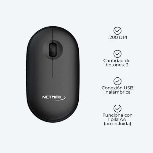 Teclado inalámbrico negro con ratón sobre fondo gris claro, con panel táctil y teclado numérico integrados.