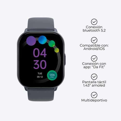 Reloj inteligente gris oscuro con una pantalla colorida en mosaico que muestra las 15:30 y el lunes 10 de mayo.