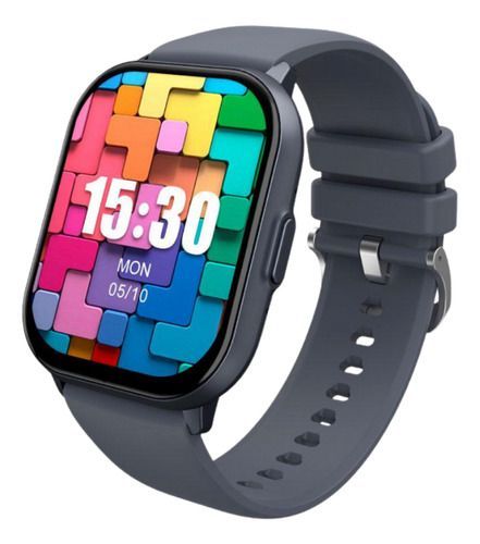 Reloj inteligente gris oscuro con una pantalla colorida en mosaico que muestra las 15:30 y el lunes 10 de mayo.