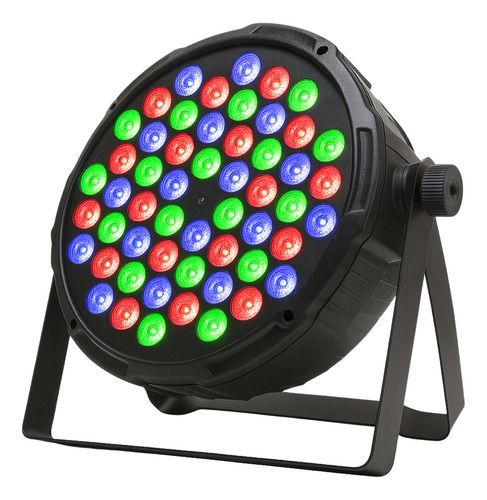 Foco de escenario LED redondo de color negro con bombillas rojas, verdes y azules sobre un soporte.