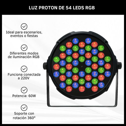 Foco de escenario LED redondo de color negro con bombillas rojas, verdes y azules sobre un soporte.