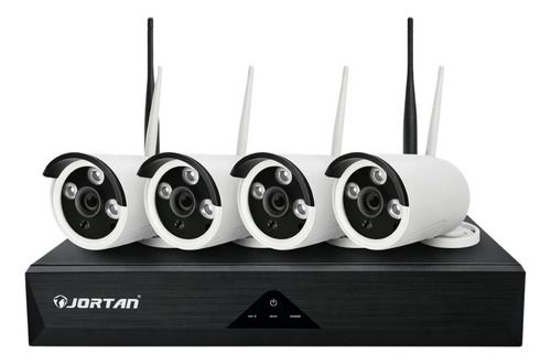 Cuatro cámaras de seguridad blancas montadas en una grabadora NVR negra con antenas, dispuestas en fila.