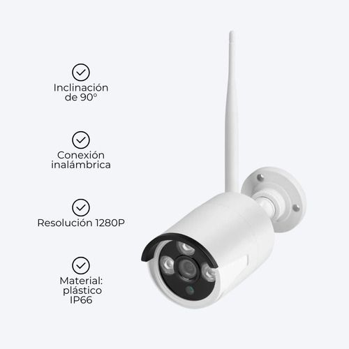 Cuatro cámaras de seguridad blancas montadas en una grabadora NVR negra con antenas, dispuestas en fila.