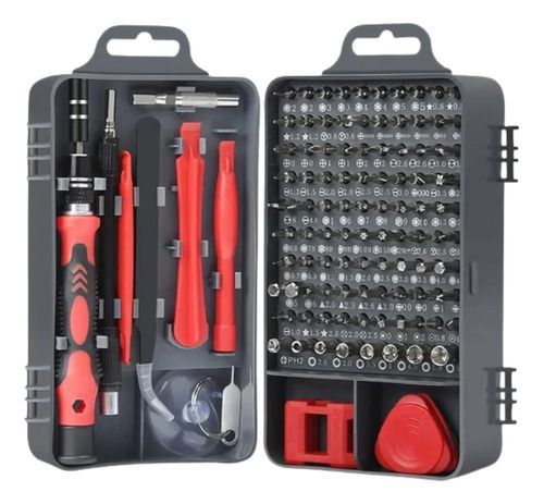 Kit compacto de destornilladores de precisión rojos y negros con muchas puntas pequeñas en un estuche
