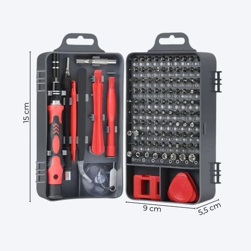 Kit compacto de destornilladores de precisión rojos y negros con muchas puntas pequeñas en un estuche