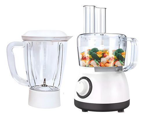 Batidora y procesador de alimentos blancos con vasos transparentes, uno de ellos para verduras y frutas troceadas.