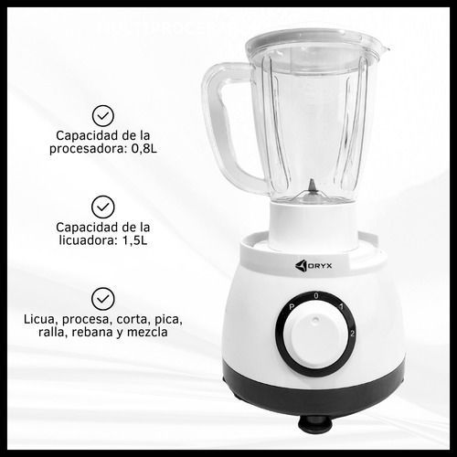 Batidora y procesador de alimentos blancos con vasos transparentes, uno de ellos para verduras y frutas troceadas.