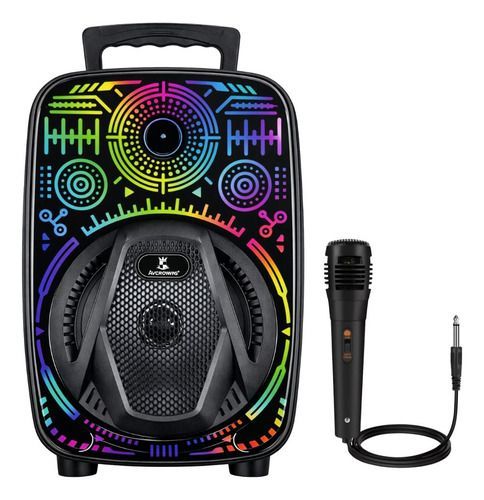 Altavoz Bluetooth portátil con un colorido diseño de ecualizador de neón y un micrófono con cable al lado.