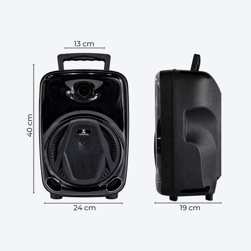 Altavoz Bluetooth portátil con un colorido diseño de ecualizador de neón y un micrófono con cable al lado.
