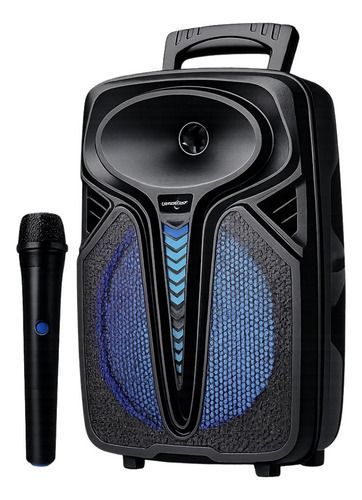 Altavoz portátil de karaoke negro con asa y micrófono con cable, con detalles azules y rejilla frontal.