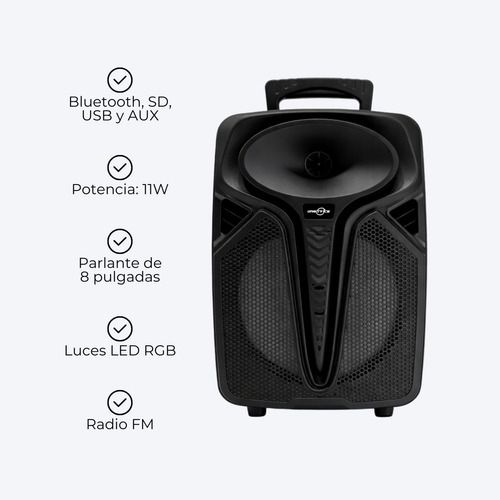 Altavoz portátil de karaoke negro con asa y micrófono con cable, con detalles azules y rejilla frontal.