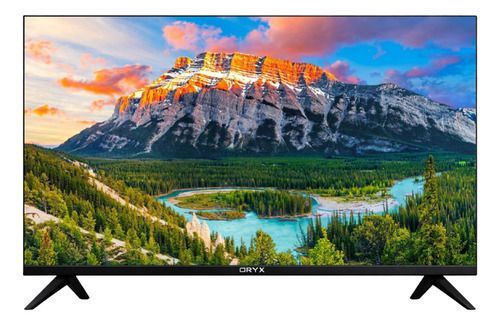 Televisor de pantalla plana que muestra un colorido paisaje de lago de montaña con picos nevados y árboles.