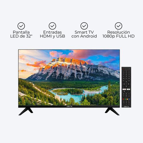Televisor de pantalla plana que muestra un colorido paisaje de lago de montaña con picos nevados y árboles.