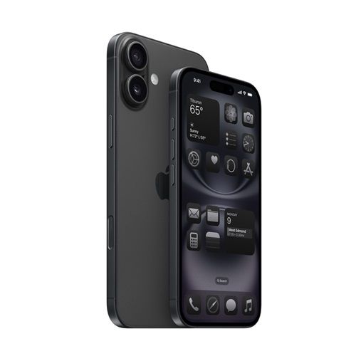 Dos teléfonos inteligentes negros, uno con la pantalla de inicio oscura y el otro mostrando la parte trasera