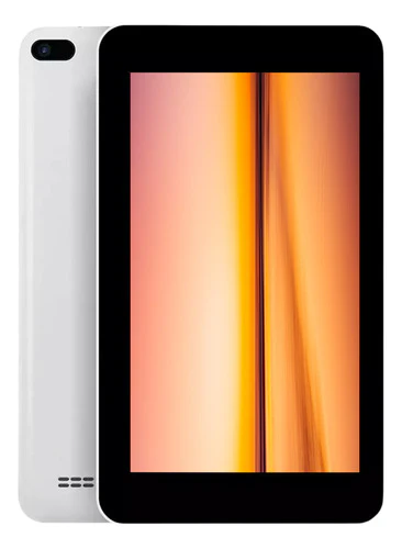 Tableta blanca con pantalla negra que muestra un degradado naranja y amarillo.