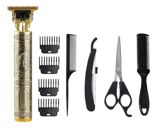 Kit para recortar el cabello en dorado y negro: cortadora, protectores, peines, navaja de afeitar y tijeras.