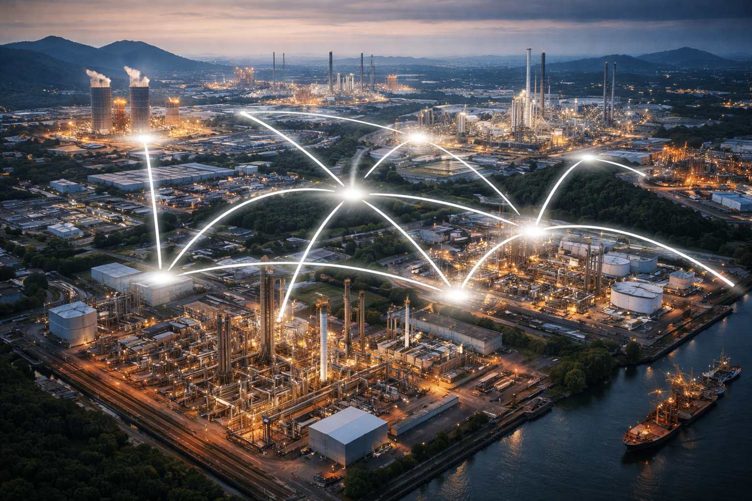 An industrial plant at night with glowing white lines connecting various points, mountains in the background, and a boat.