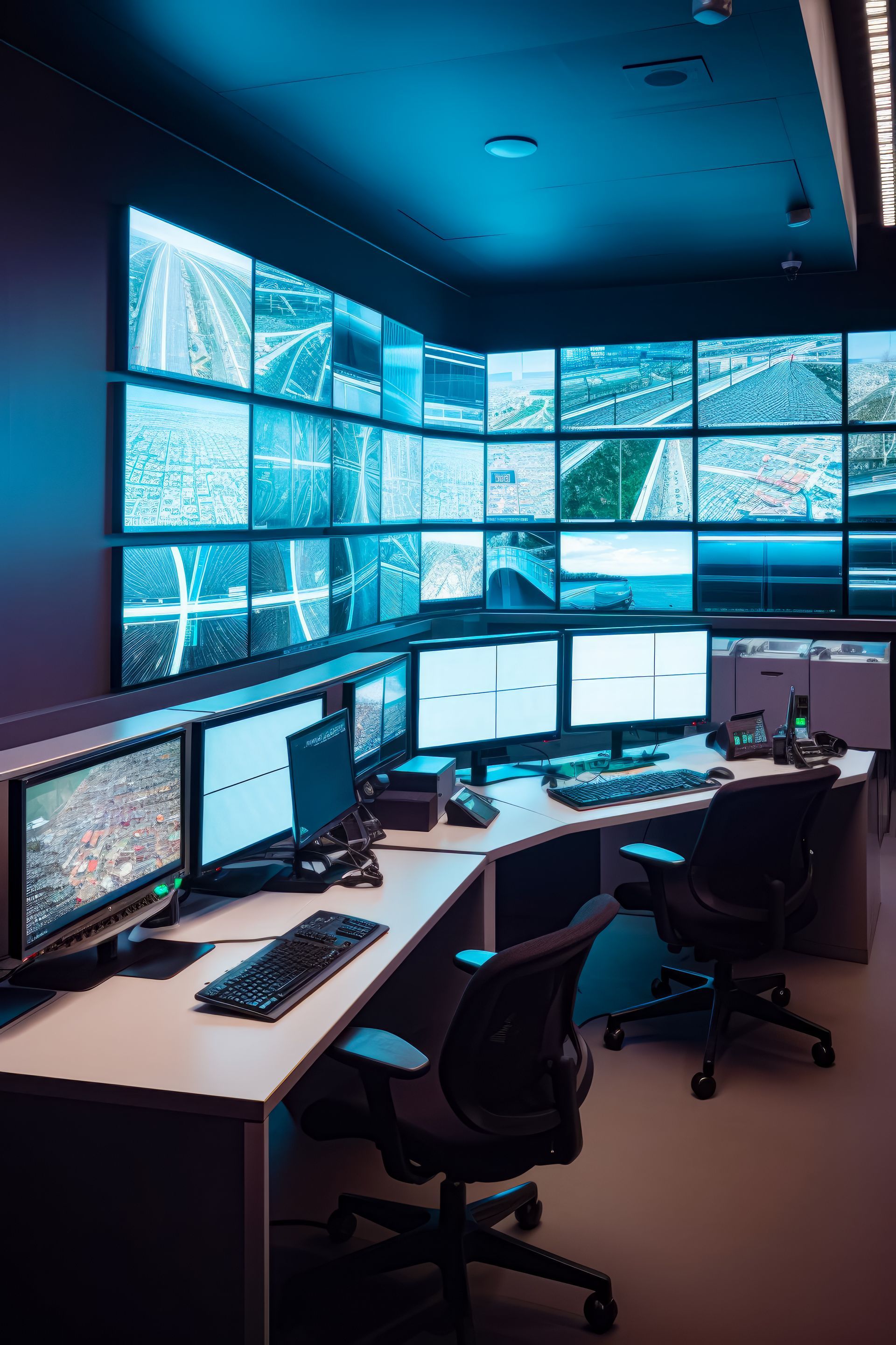 Read more about energy software integratable into Sky-Walker control room with multiple monitors and a video wall for safeguarding an energy site
