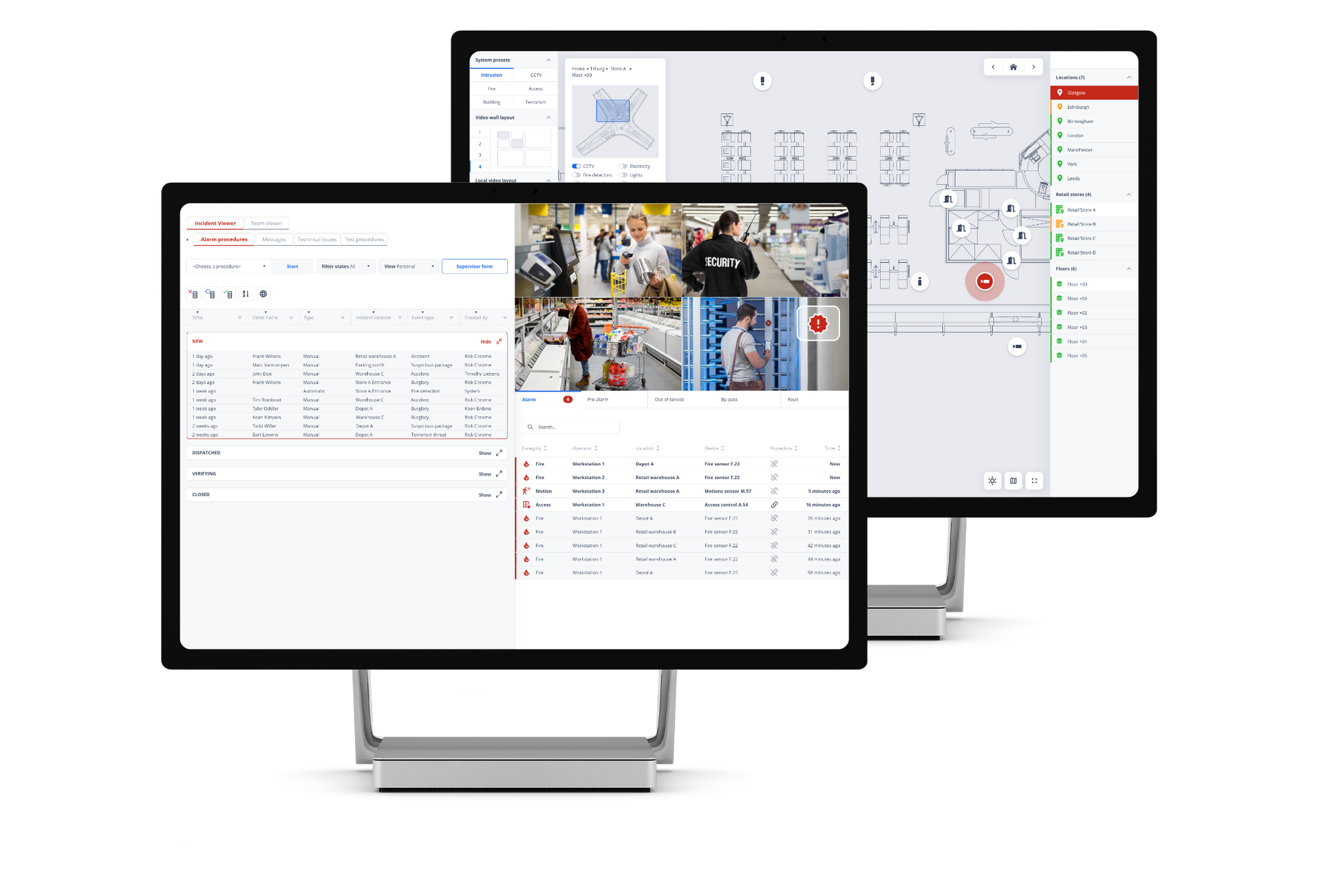 Two computer monitors displaying data and a live video feed of a warehouse. Protected by Sky-Walker Two computer monitors displaying data and a live video feed of a warehouse. Protected by Sky-Walker