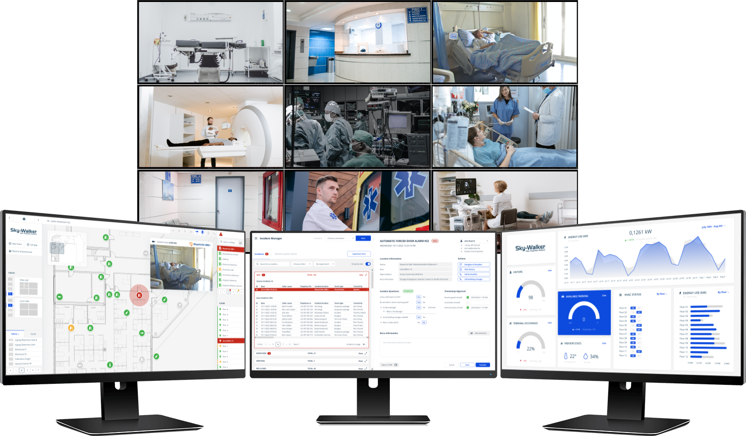 Discover the power of PSIM in healthcare facilities A control room with Sky-Walker and incident manager on 3 monitors and an IP-matrix for healthcare facilities