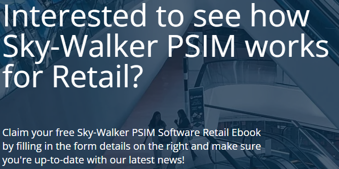Advertisement for Sky-Walker PSIM software for retail. Text over a blurry architectural background.