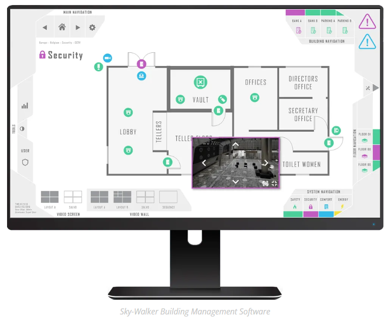 Computer monitor showing a building management software called Sky-Walker interface with a floor plan and a security camera view. Computer monitor showing a building management software called Sky-Walker interface with a floor plan and a security camera view.
