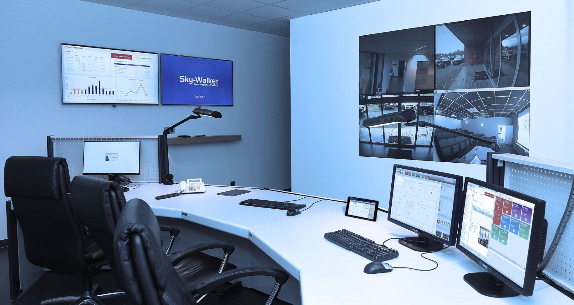 Entelec's control room with monitors and video wall and sky-walker psim installed